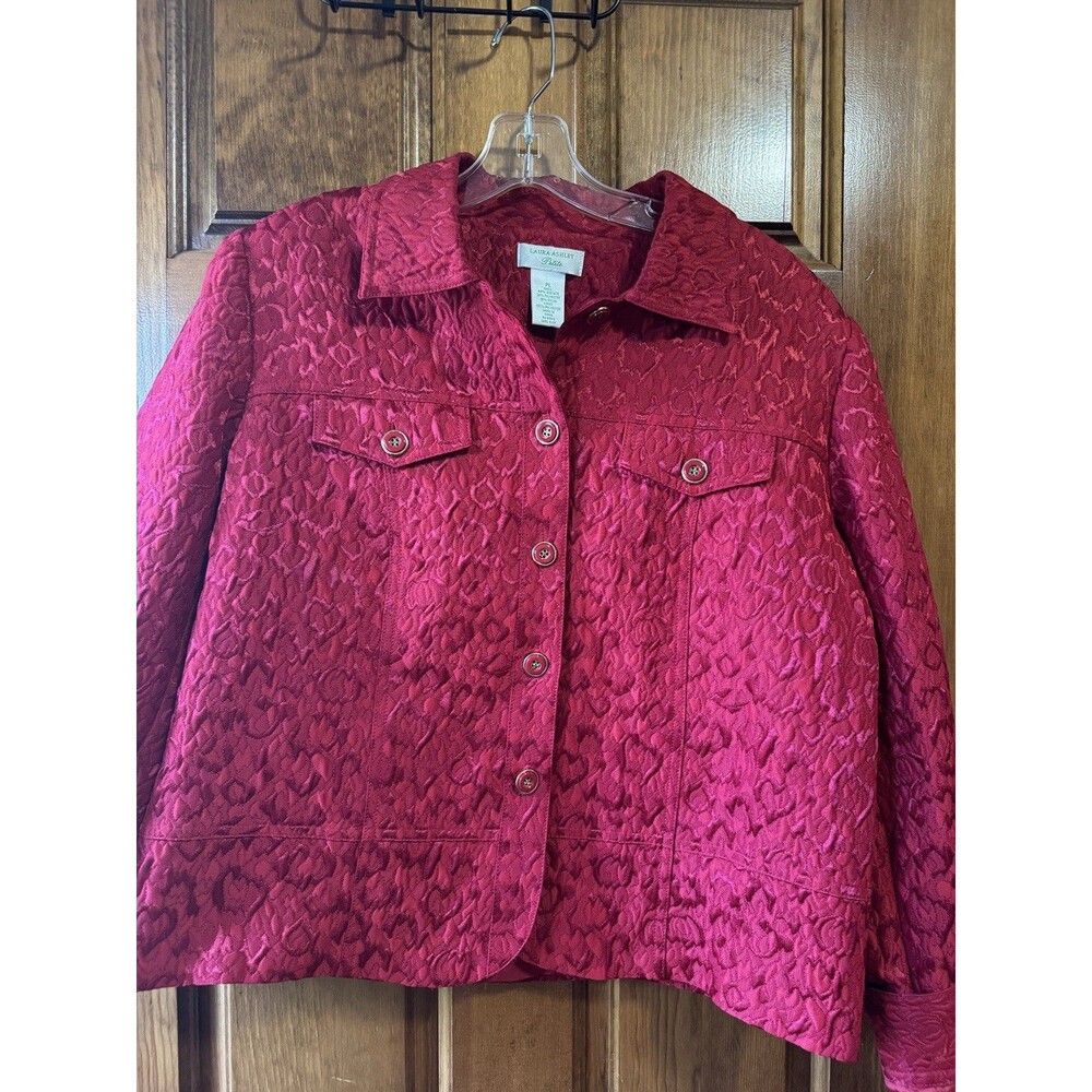 Laura Ashley Petite Red Jacquard Blazer Jacket Size PL Animal Textured Button Fr